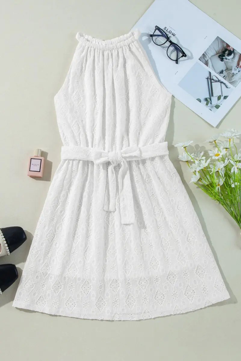 White Lace Sleeveless Knot Hollow Out Back Tied Waist Mini Dress - Love Salve